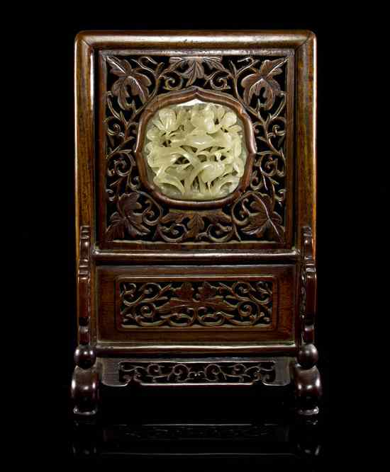 Appraisal: A Jade and Hardstone Tablescreen the shaped jade plaque of