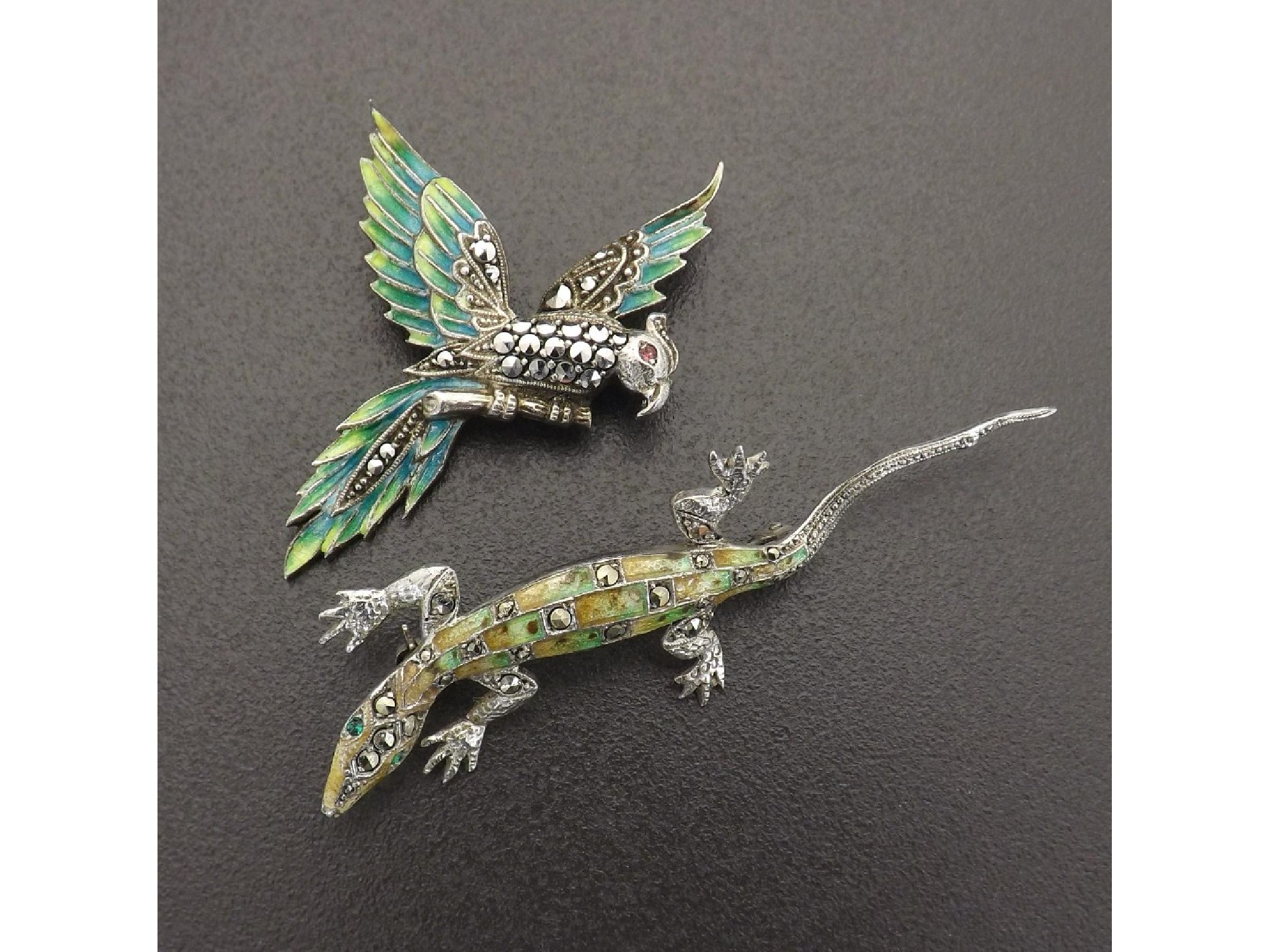 Appraisal: Novelty silver enamel and marcasite parrot brooch mm silver and