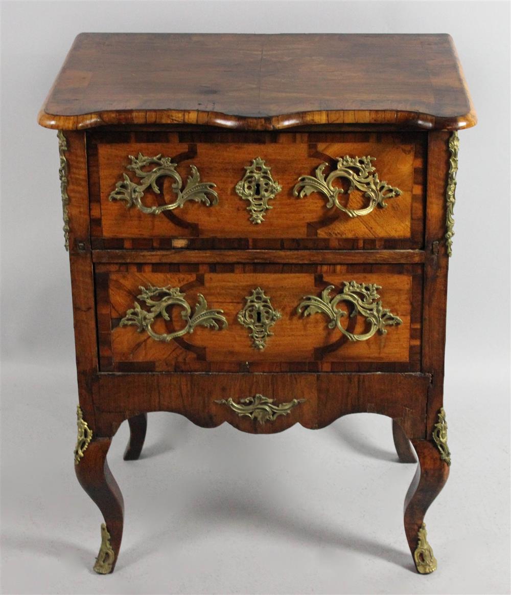 Appraisal: CONTINENTAL FIGURED WALNUT TWO DRAWER COMMODE TH CENTURY in the