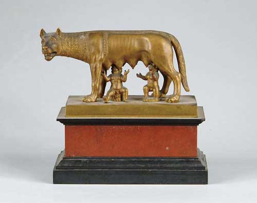 Appraisal: BRONZE DEPICTING ROMULUS REMUS Unsigned bronze shows she-wolf with Romulus