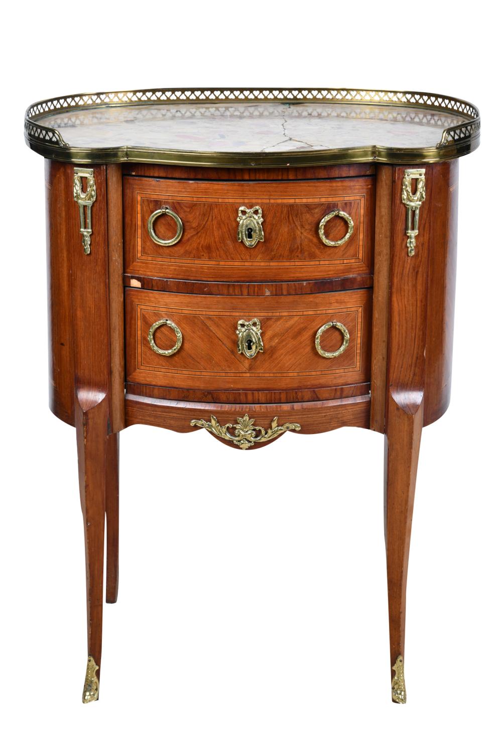 Appraisal: FRENCH ORMOLU MOUNTED BEDSIDE COMMODEwith two short drawers Condition with