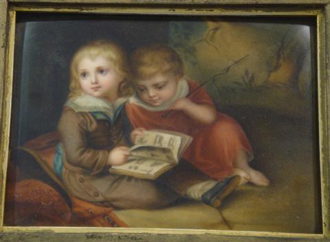 Appraisal: German porcelain plaque young Girls Reading a Book x impressed