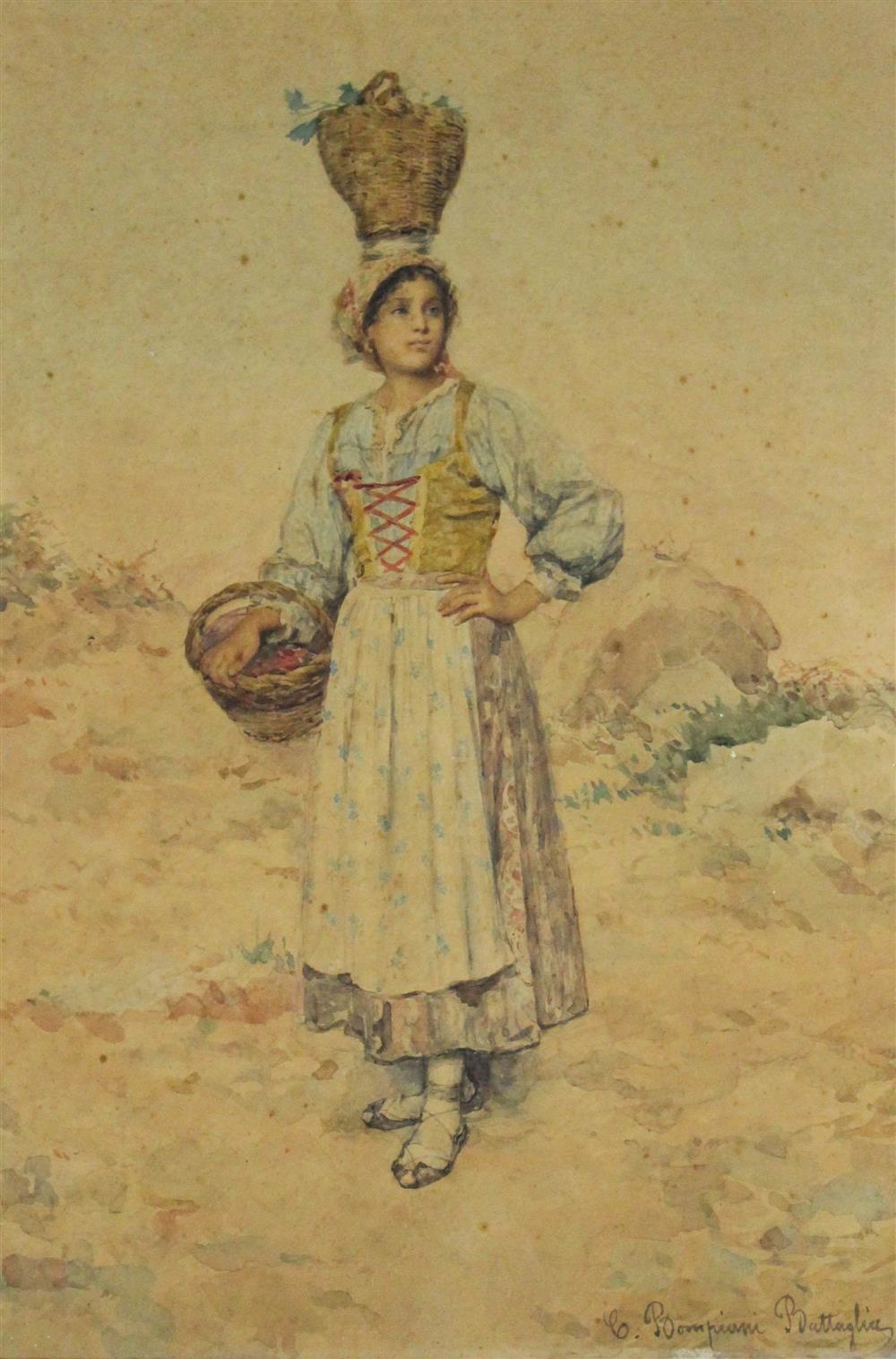 Appraisal: CLELIA BOMPIANI BATTAGLIA ITALIAN - PEASANT WOMAN WITH BASKETS Watercolor