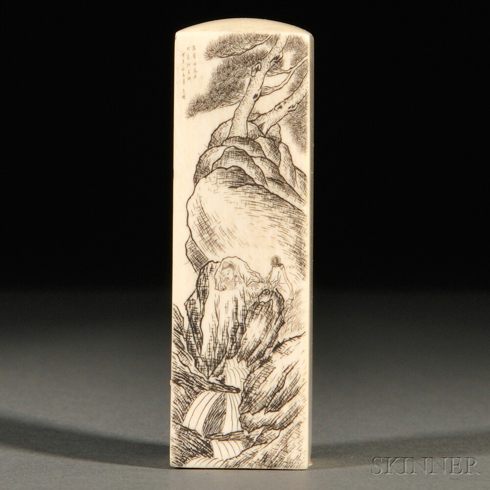 Appraisal: Small Ivory Seal Block with Calligraphy China the calligraphy alternating