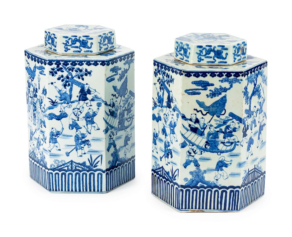 Appraisal: A Pair of Chinese Blue and White Porcelain Hexagonal Tea