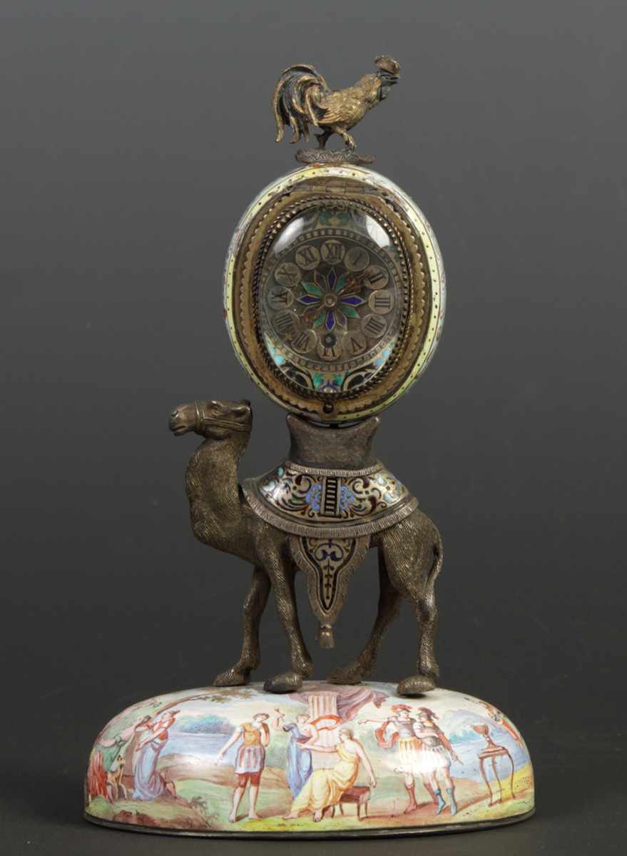 Appraisal: Austrian Enameled Clock w Camel Rooster Austrian Enameled Clock w