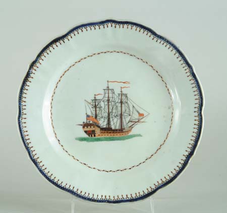 Appraisal: ORIENTAL EXPORT PLATE WITH SHIP Early three-mast ship flies American