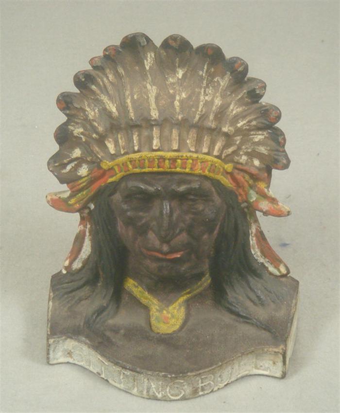 Appraisal: Cast iron doorstop colorful Indian with headdress bust engraved Sitting