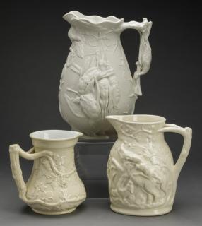 Appraisal: th c English Drabware pitchers incl Minton Three English relief