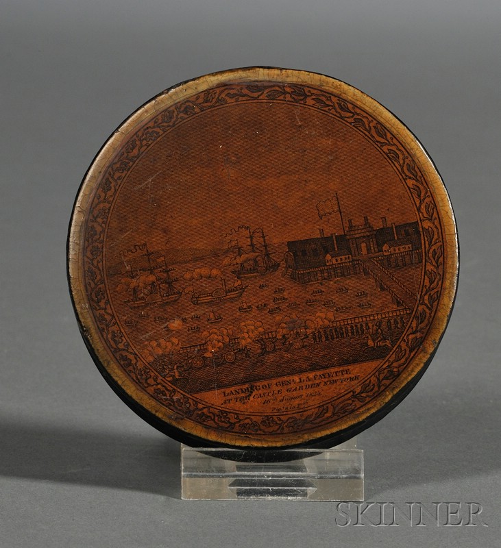 Appraisal: Papier Mache Snuff Box with Landing of Lafayette Engraving France