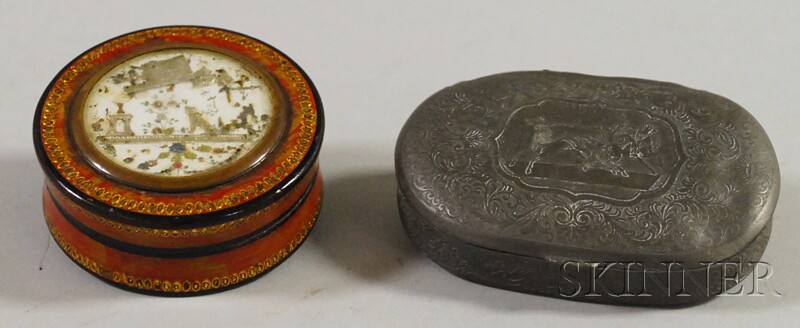 Appraisal: Two Snuff Boxes one engraved pewter the other lacquer some