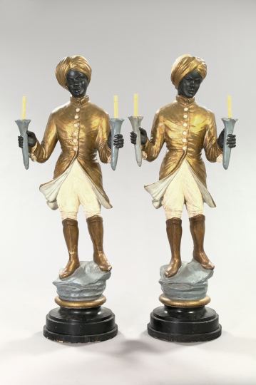 Appraisal: Large Pair of Polychromed and Parcel-Gilt Composition Blackamoors mid- th