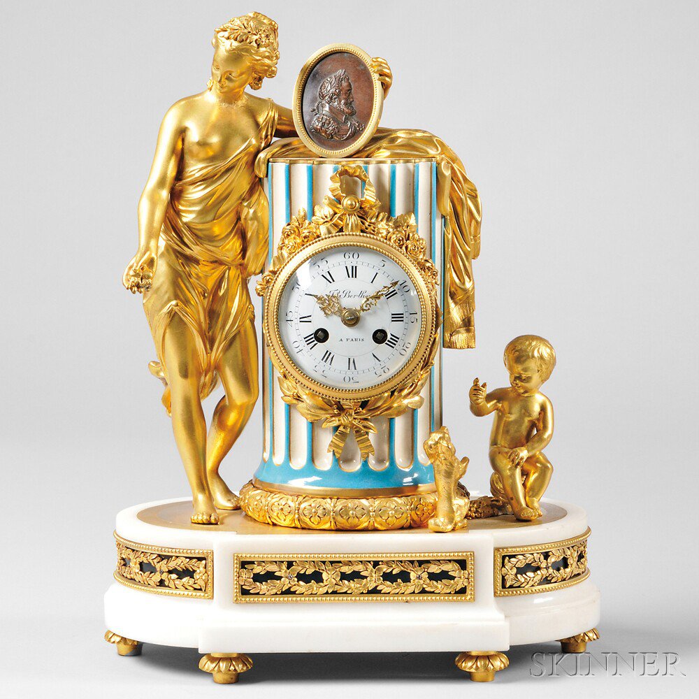 Appraisal: F Berthoud Gilt Bronze and Porcelain Figural Mantel Clock Paris