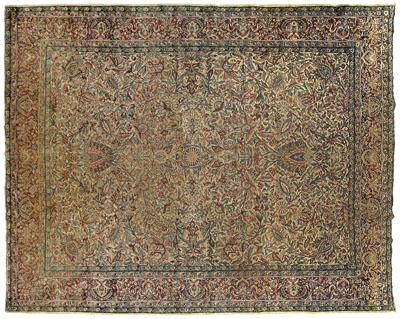 Appraisal: Kirman rug repeating complex palmette and leaf designs on ivory