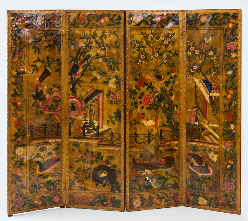 Appraisal: DUTCH PAINTED AND PARCEL-GILT FOUR-PANEL LEATHER SCREEN Painted with chinoiserie