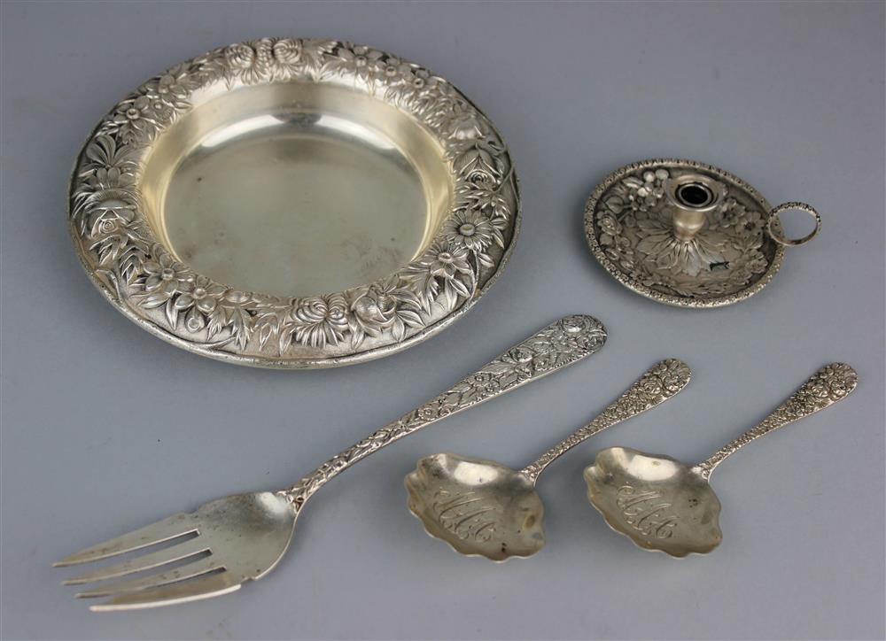 Appraisal: GROUP OF FIVE AMERICAN REPOUSSE SILVER FLAT AND HOLLOW TABLE