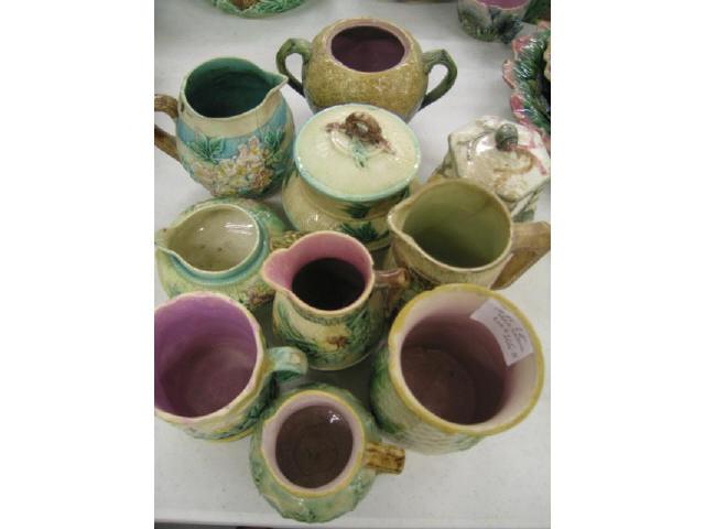 Appraisal: Pcs Majolica Pottery vase milk pitchers mug sugars some loss