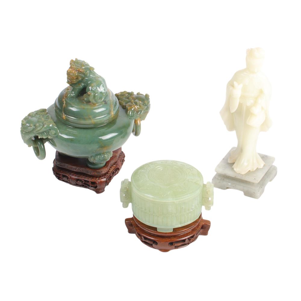 Appraisal: CHINESE JADE AND STONE CARVINGS GUAN YIN FIGURE AND TWO