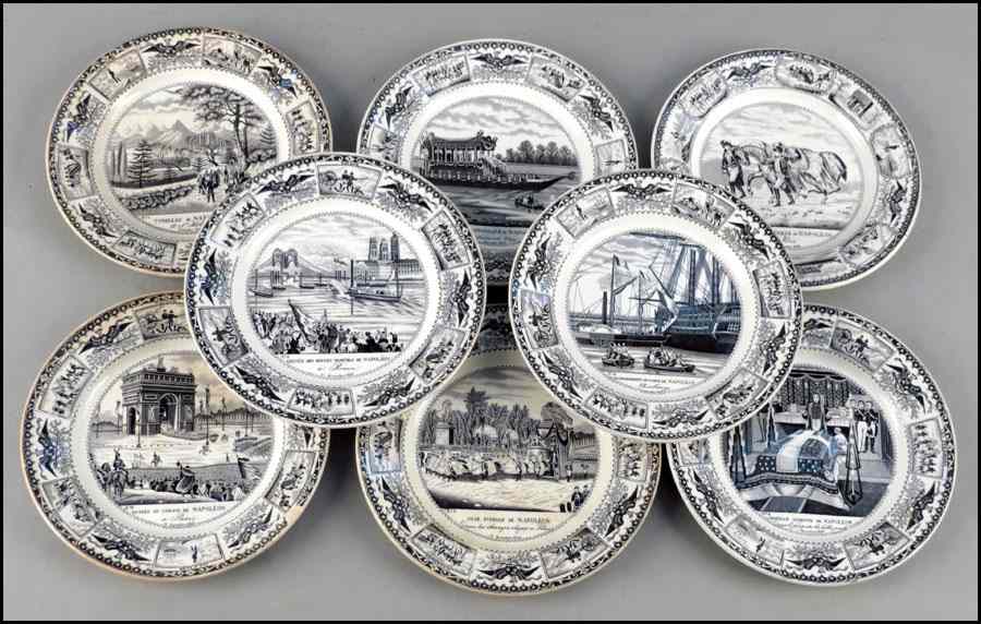 Appraisal: SET OF EIGHT FRENCH GIEN OPAQUE PORCELAIN PLATES Depicting events