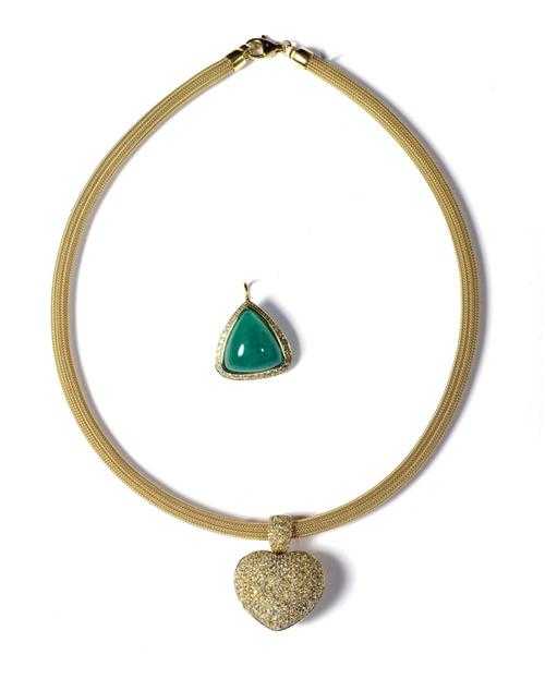 Appraisal: DIAMOND AND EMERALD PENDANT WITH GOLD NECKLACE Yellow gold necklace