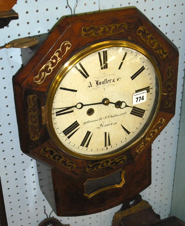 Appraisal: Rosewood and mahogany two train drop dial wall clock signed