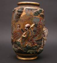 Appraisal: Satsuma Vase Extremely detailed porcelain Japanese Satsuma vase depicts one