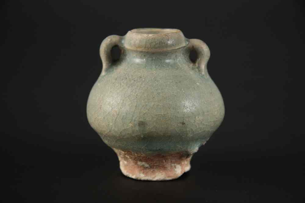 Appraisal: MING URN - Small pottery Ming two-handle urn with blue