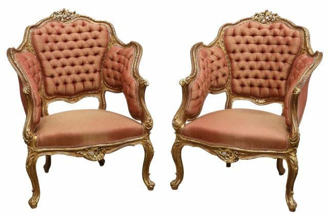 Appraisal: pair Louis XV style giltwood armchairs early th c foliate