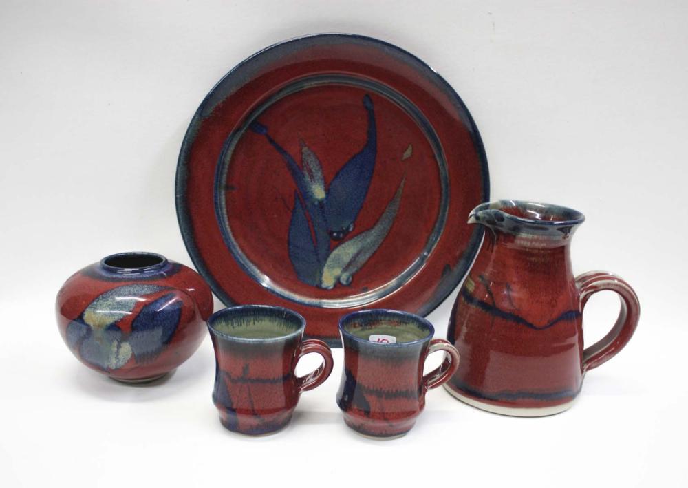 Appraisal: FIVE JOHN EAGLE STUDIO ART POTTERY ITEMS comprised of round