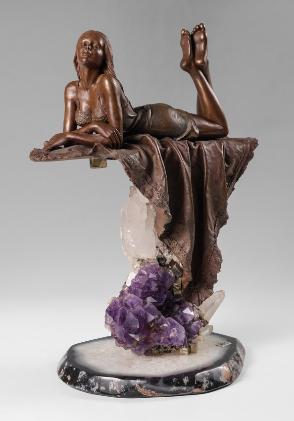 Appraisal: EBANO BRONZED CAST RESIN GIRL ON AMETHYST SCULPTURE Cast resin