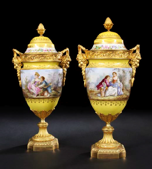 Appraisal: Pair of French Gilt-Brass-Mounted Fond Jonquille Porcelain Two-Handled Covered Garniture