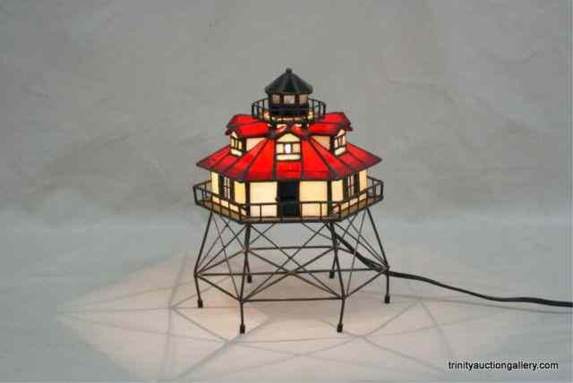 Appraisal: Vintage Leaded Stain Glass Lighthouse LampThis is a very nice