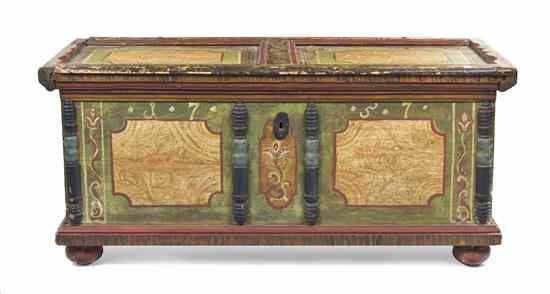 Appraisal: A Northern European Painted Pine Trunk having a hinged rectangular