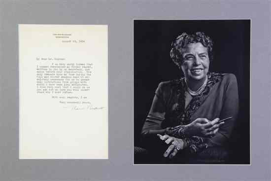 Appraisal: ROOSEVELT ELEANOR Typed letter signed ''Eleanor Roosevelt'' one page on