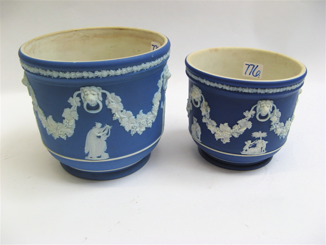 Appraisal: TWO WEDGWOOD BLUE JASPERWARE JARDINIERES after each with white classical