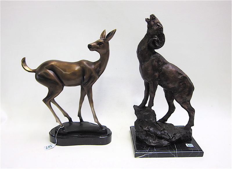 Appraisal: TWO BRONZE WILDLIFE SCULPTURES mounted on marble plinths a deer