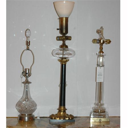 Appraisal: Gilt and Patinated-Metal Oil Lamp Together with Two Glass Lamps