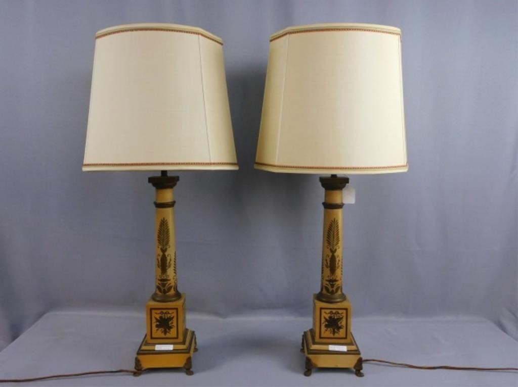 Appraisal: PAIR OF FRENCH TOLE PAINTED METAL LAMPS TH C Columnar