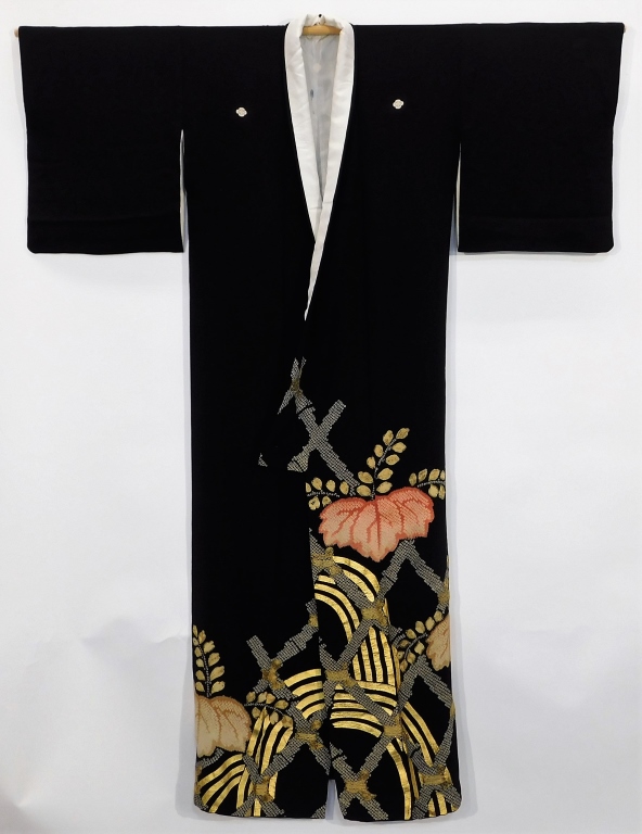 Appraisal: MEIJI PERIOD BLACK AND GOLD TOMESODE KIMONO Japan Circa Hand