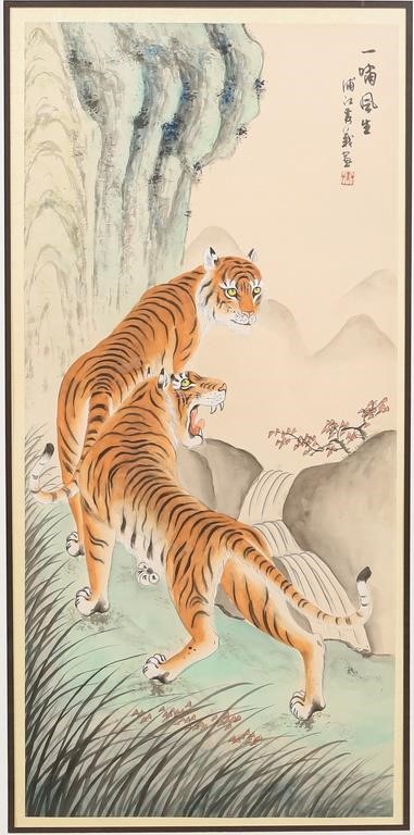 Appraisal: Chinese ink and color on fabric scroll two tigers in