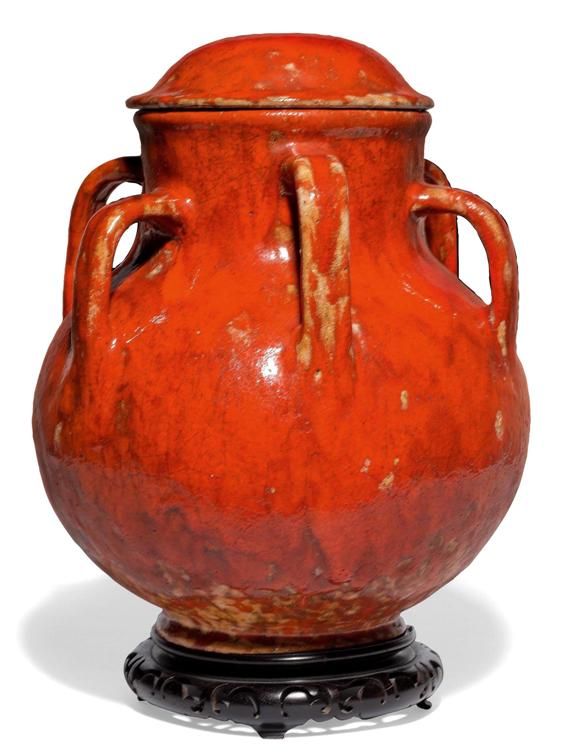 Appraisal: FRENCH POT WITH COVER Vallauris circa Fa ence with coral