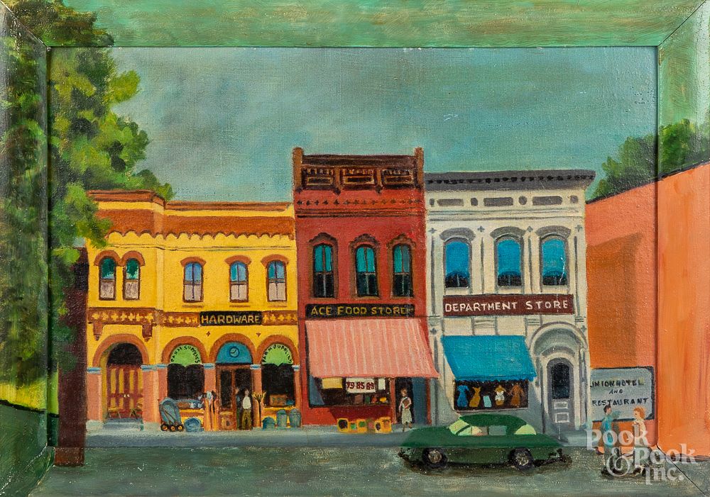 Appraisal: Folk art oil on board street scene mid th c