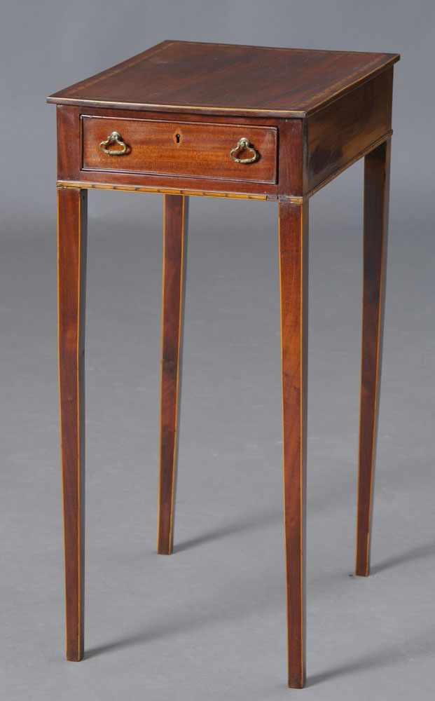 Appraisal: GEORGE III INLAID MAHOGANY SINGLE-DRAWER TABLE The top with feathers