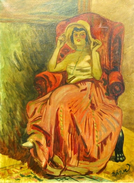 Appraisal: Unknown European Woman in a Red Chair oil on canvas