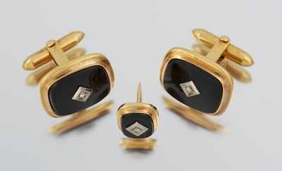 Appraisal: A Pair of Black Onyx and Diamond Cufflinks and Matching