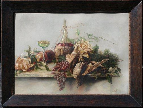 Appraisal: ILLEGIBLY SIGNED STILL LIFE WITH GROUSE WINE DECANTER GLASS GRAPES