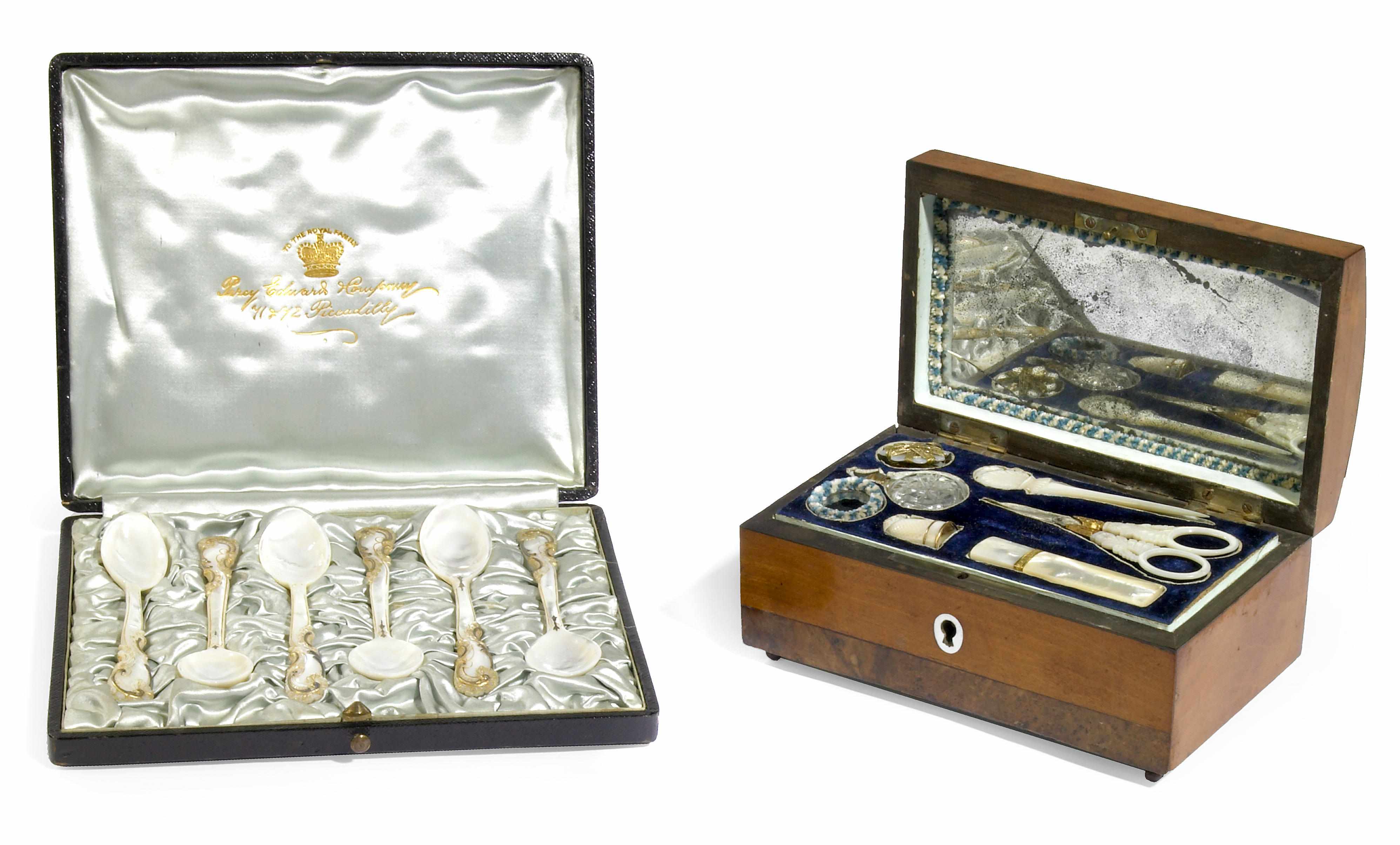 Appraisal: A Palais Royal fitted sewing case and a set of