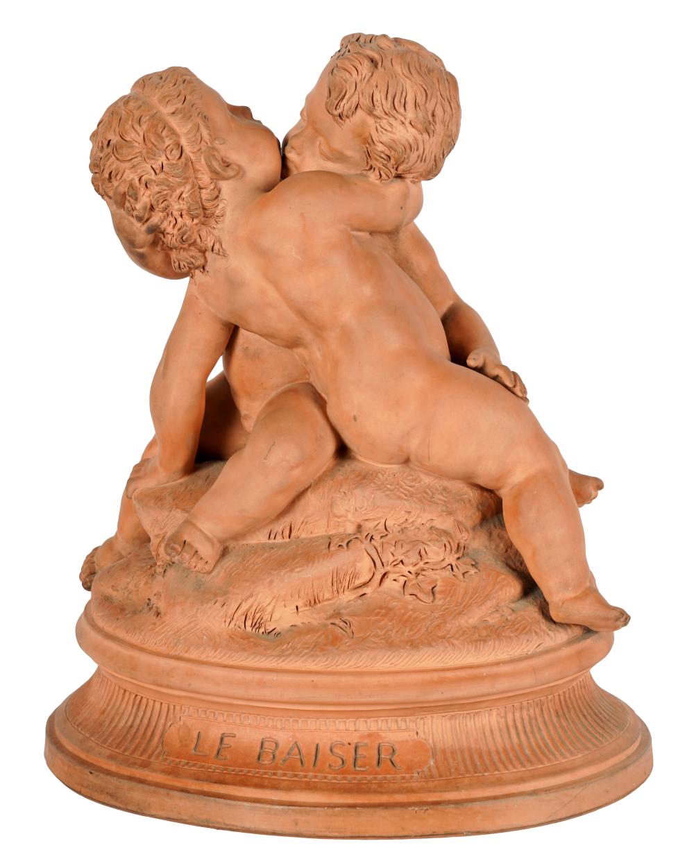 Appraisal: TERRACOTTA FIGURAL GROUPtitled Le Baiser unsigned inches wide inches deep