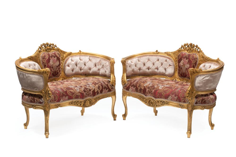 Appraisal: Pair of Rococo-Style Giltwood Canapes each with reticulated floral crest