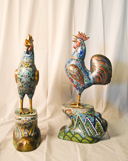 Appraisal: Pair Large Enamel Cloisonne Roosters intricate design with removeable heads